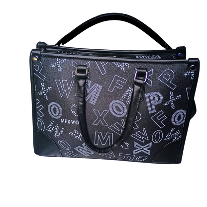 Black handbag with white lettering on a white background