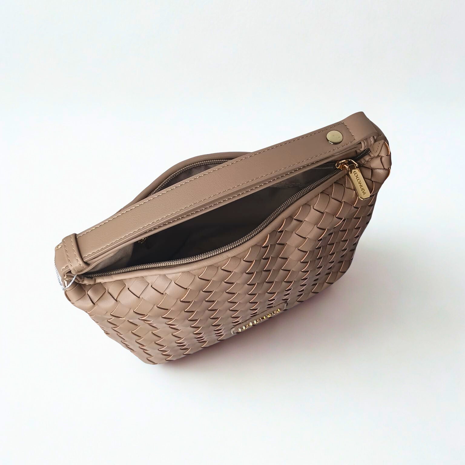 Beige woven handbag with a gold zipper on a white background