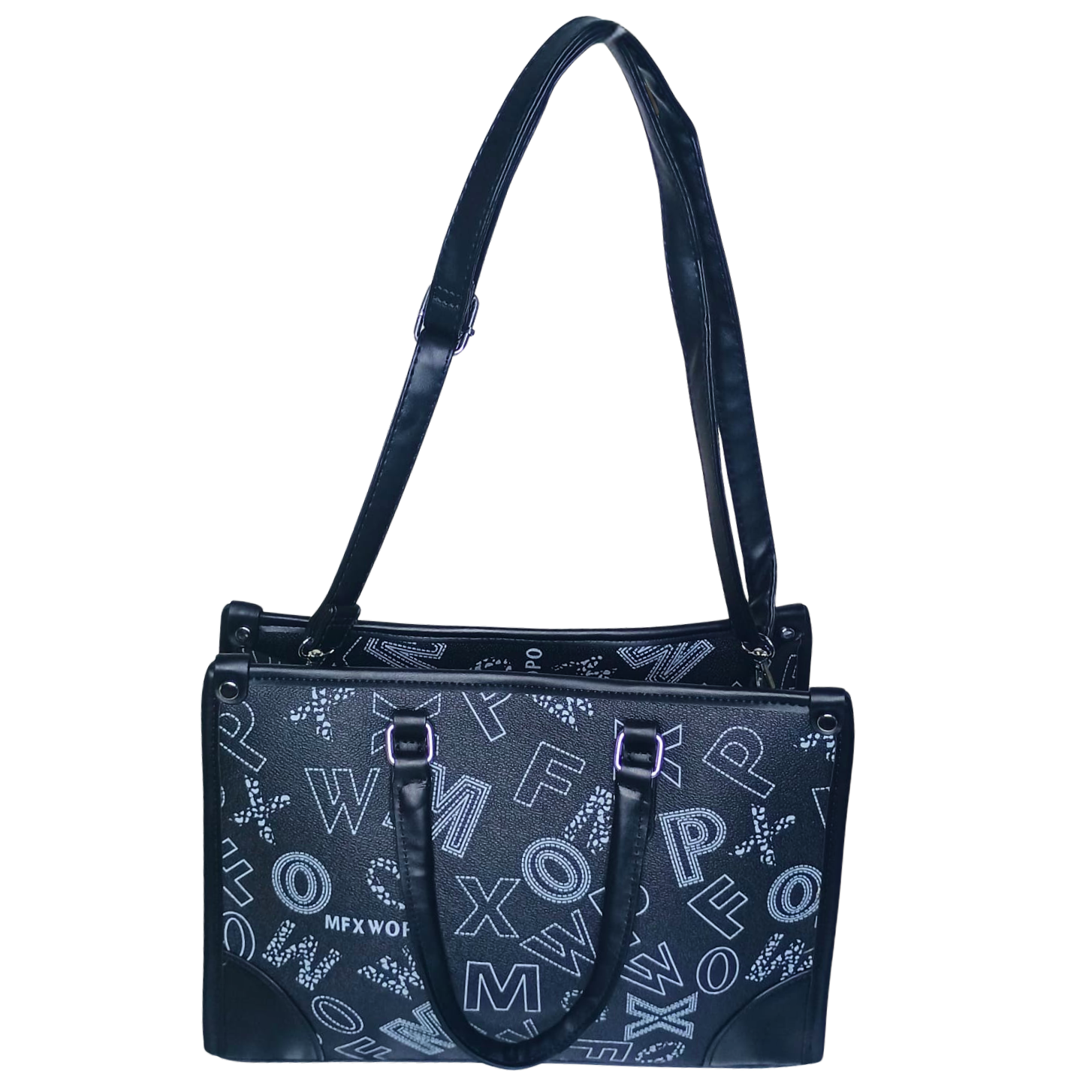 Black handbag with white lettering on a white background