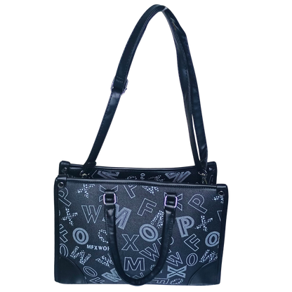 Black handbag with white lettering on a white background