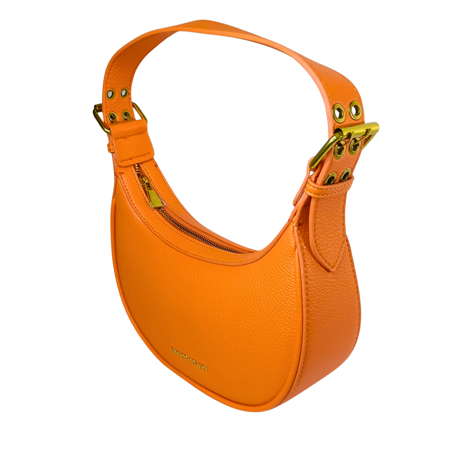 Orange handbag with gold accents on a white background