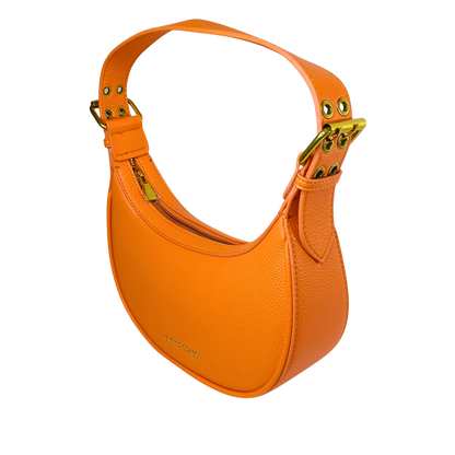 Orange handbag with gold accents on a white background