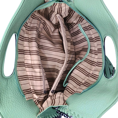 Close-up of a teal bag with a brown striped lining