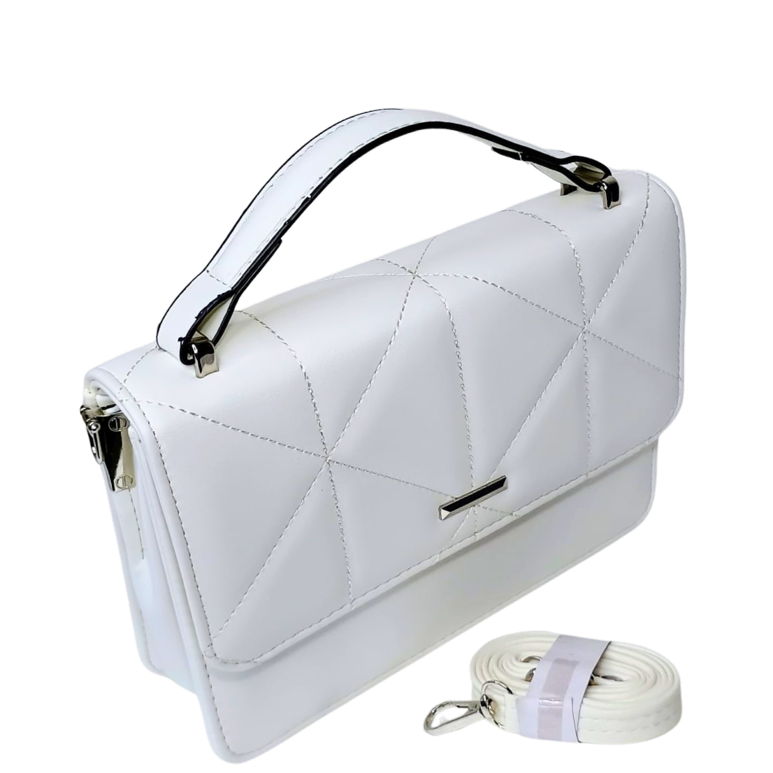 White quilted handbag with a matching strap on a white background