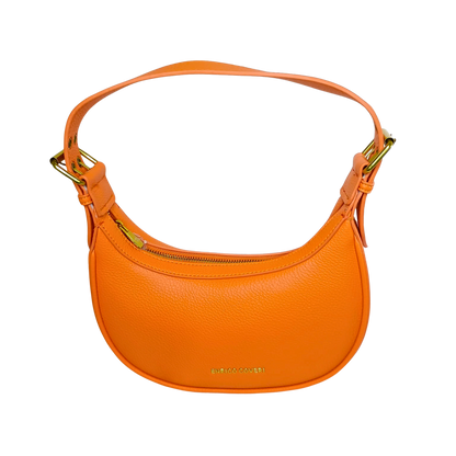 Orange handbag with gold accents on a white background