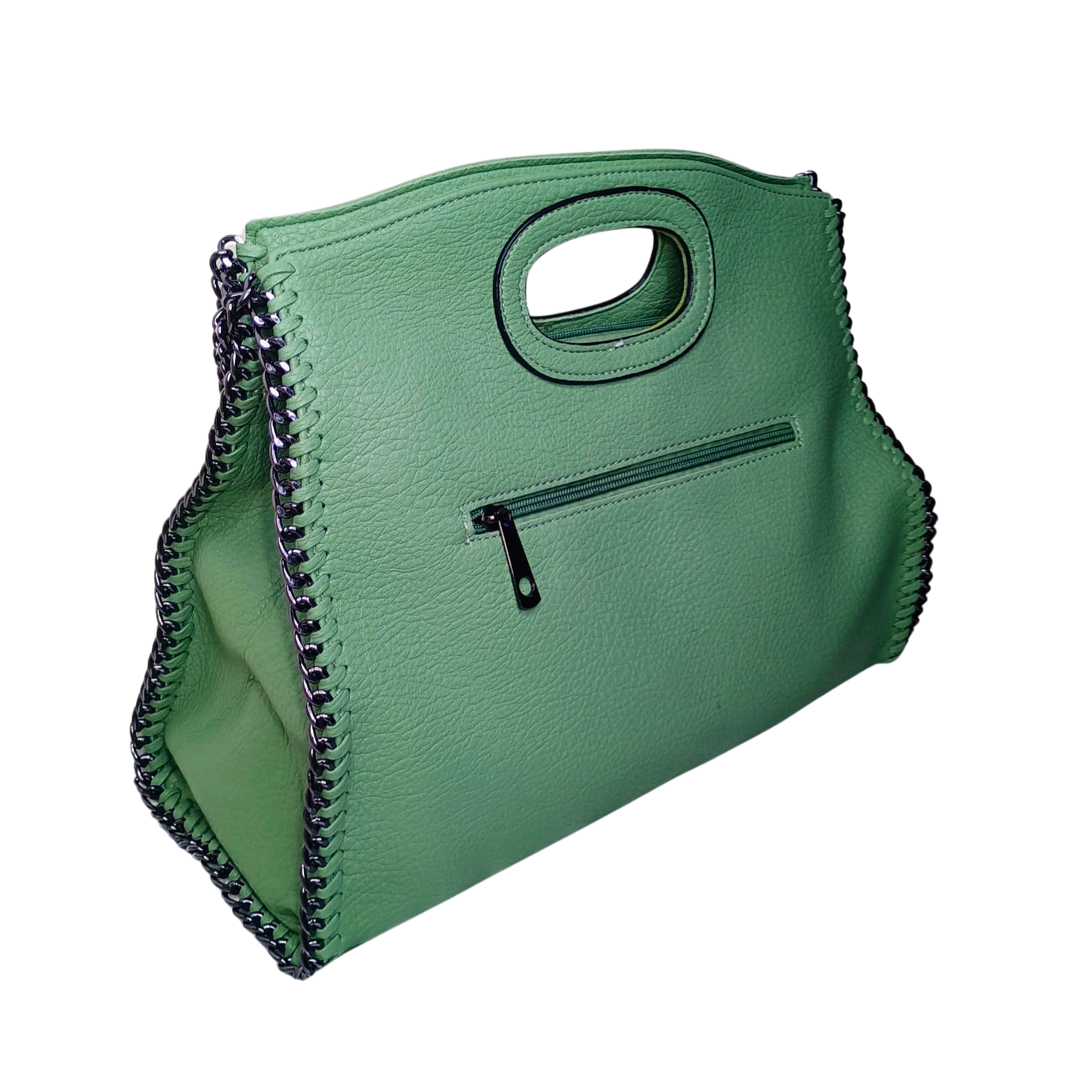 Green handbag with a chain detail on a white background