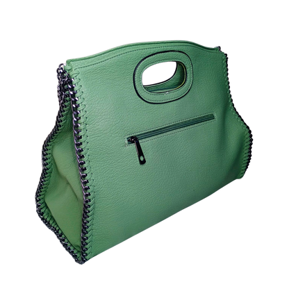Green handbag with a chain detail on a white background