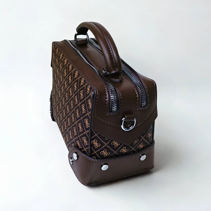 Brown leather handbag with a pattern on a white background