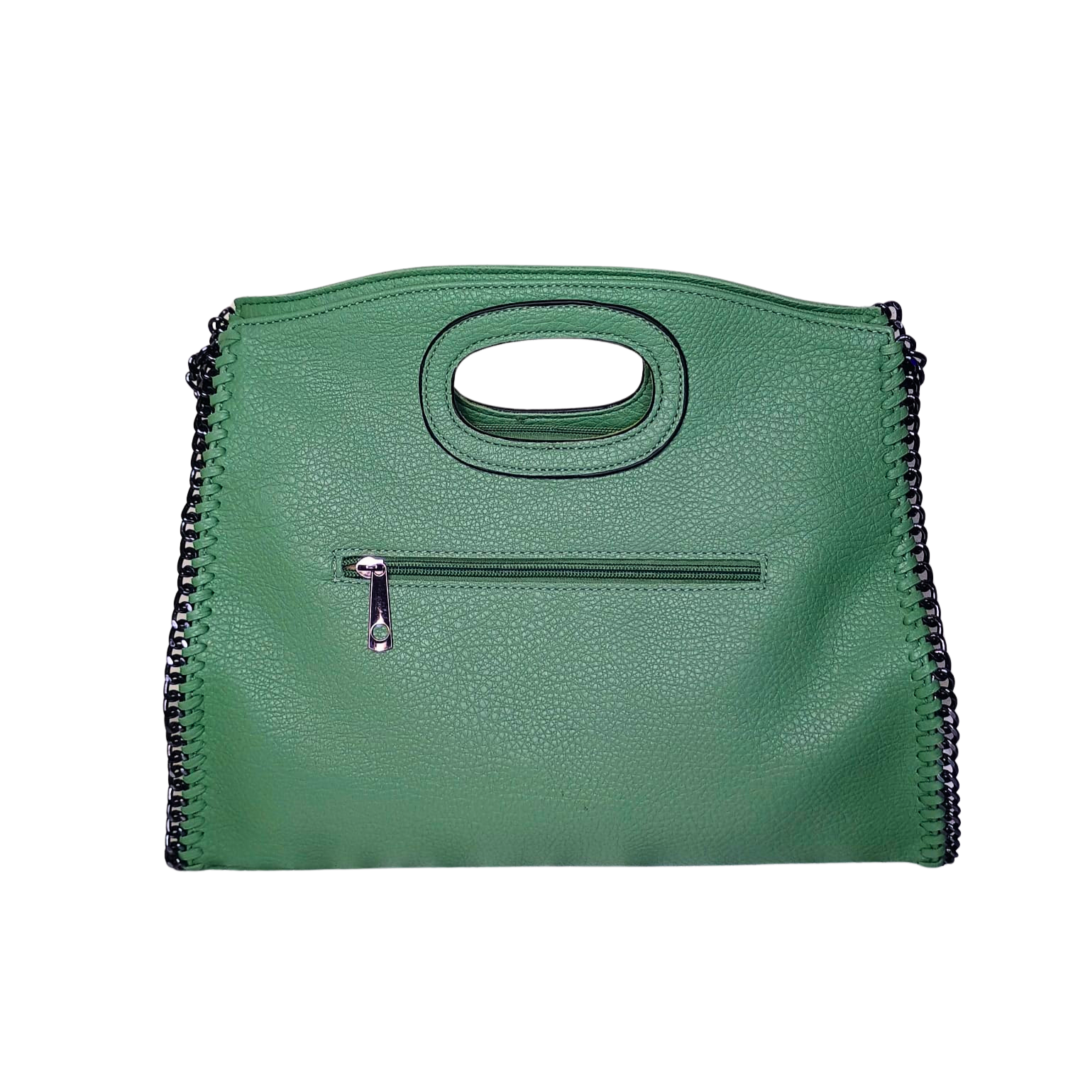 Green handbag with black trim on a white background