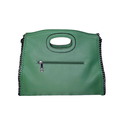 Green handbag with black trim on a white background