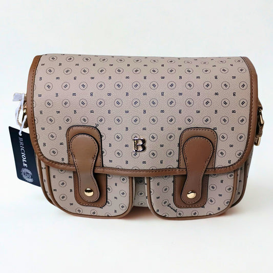 Patterned handbag with brown accents on a white background