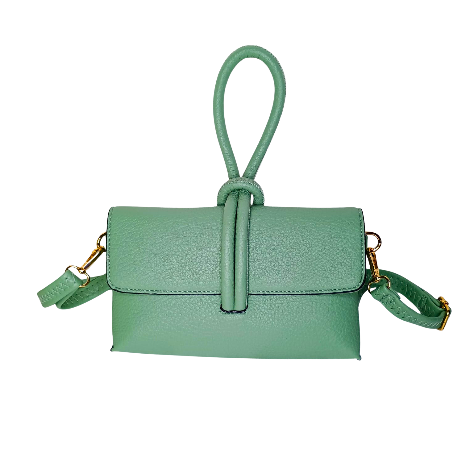 Green handbag with a knot detail on a white background