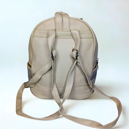 Beige backpack with a shoulder strap on a white background