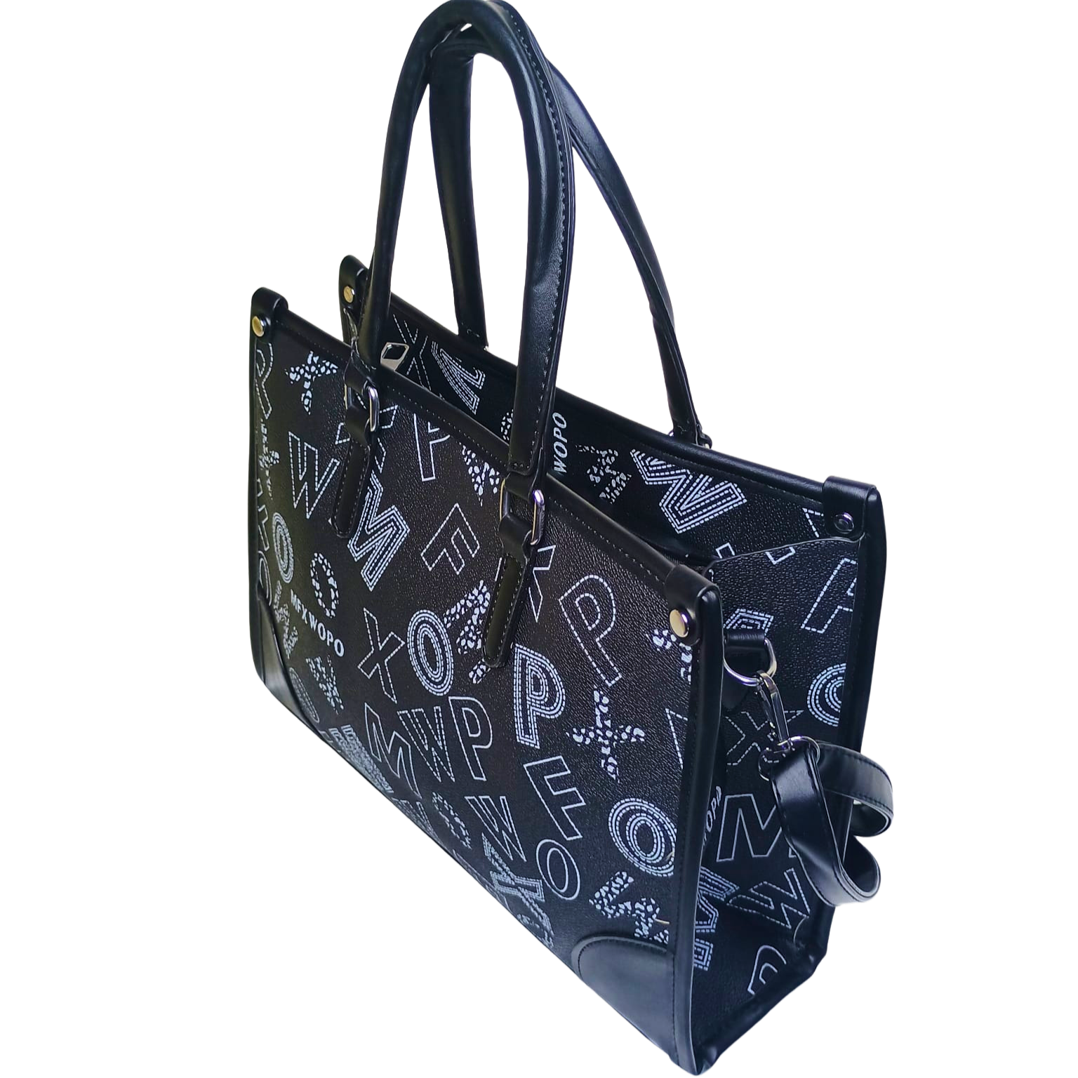 Black handbag with white lettering on a white background