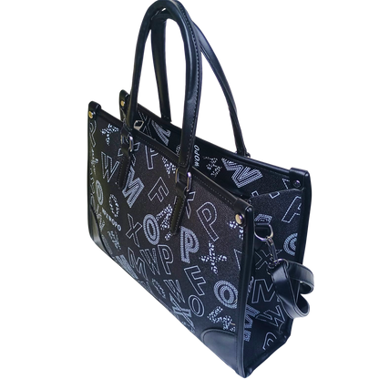 Black handbag with white lettering on a white background