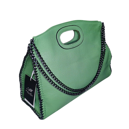 Green handbag with black chain detail on a white background