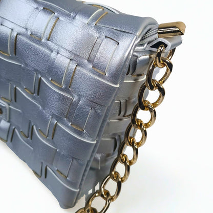 Silva Leather Shoulder Bag with silver woven design and gold chain strap