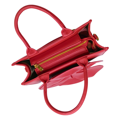 Red handbag with gold zipper on a white background