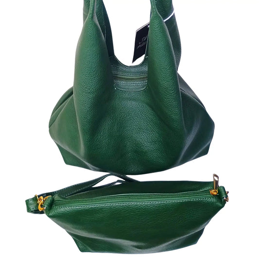 Green leather handbag with a smaller version on a white background