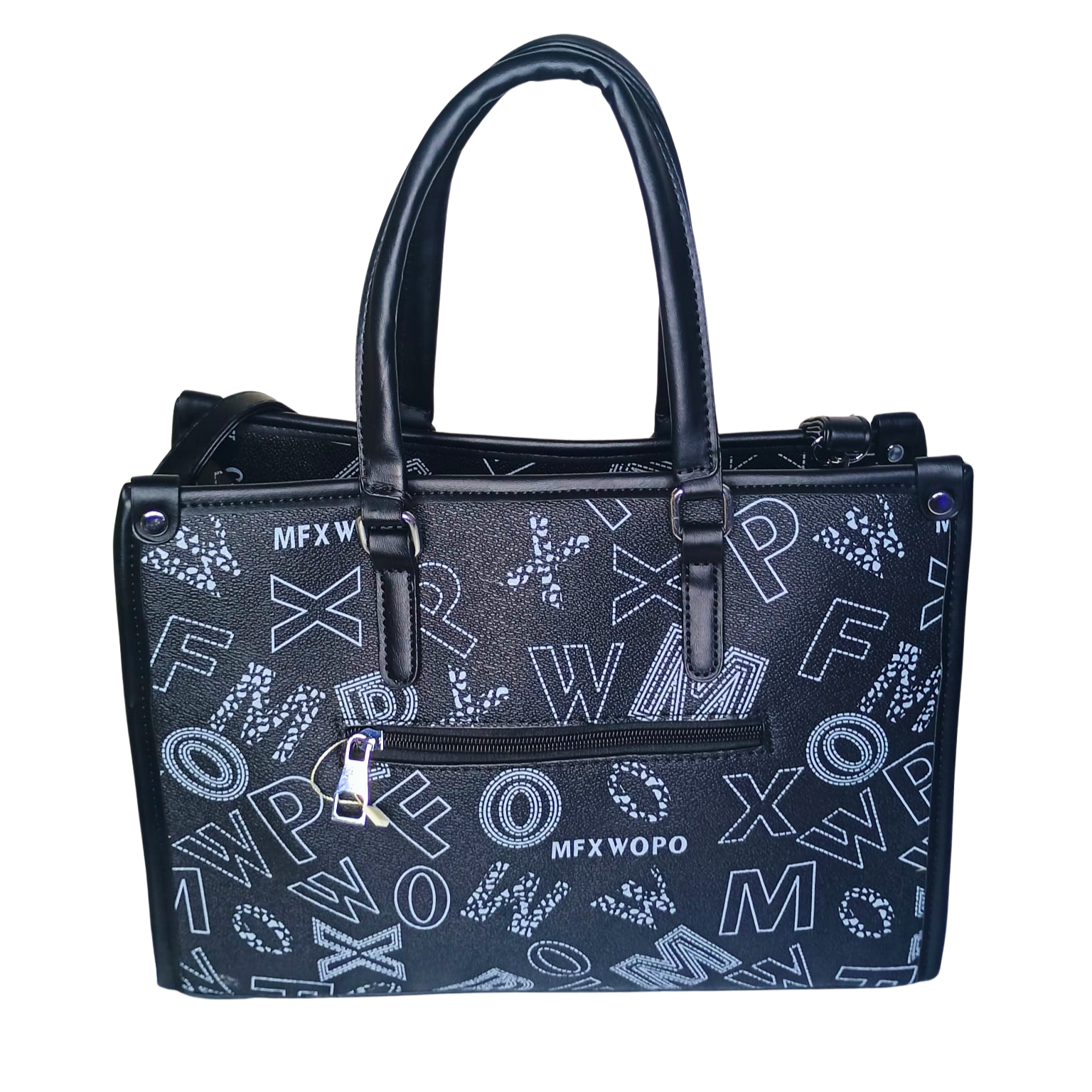 Black handbag with white lettering on a white background