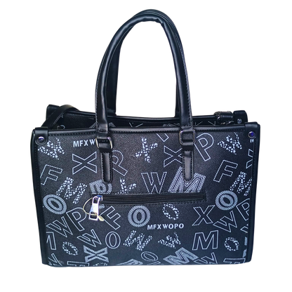 Black handbag with white lettering on a white background