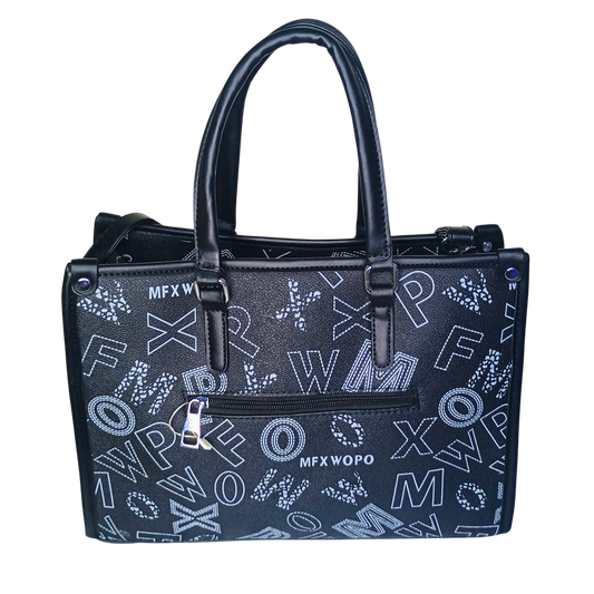 Black handbag with white lettering on a white background