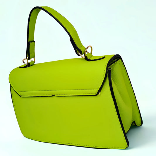 Green handbag with black accents on a light blue background