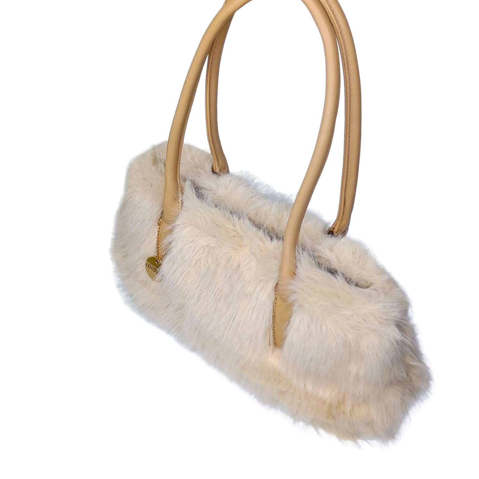 Handbag with fur detail and beige handles on a white background