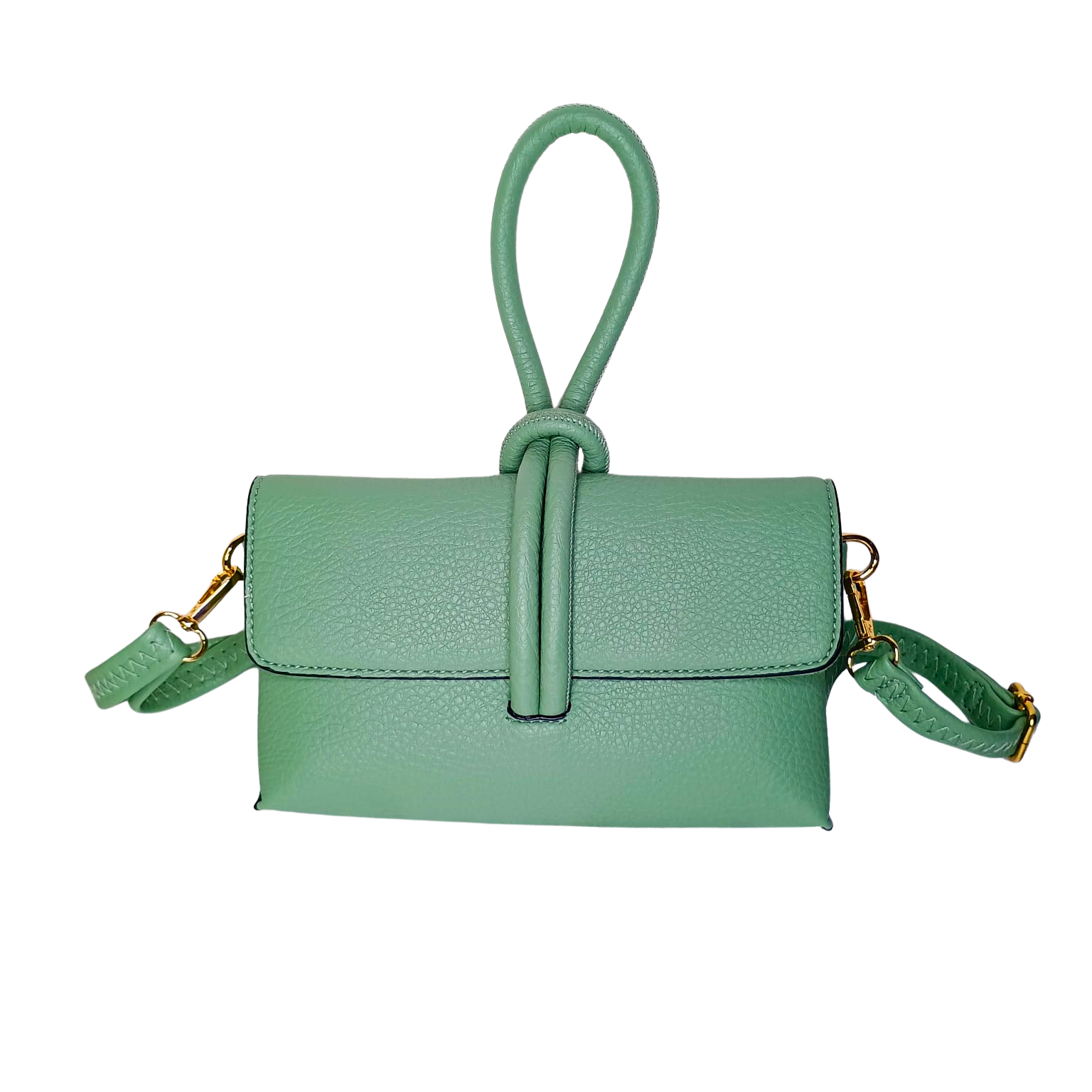 Green handbag with a knot detail on a white background