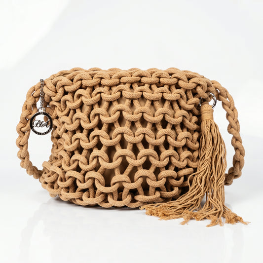Baci & Abbracci Borsa a Spalla Grande in Corda di Cotone Intrecciata con Nappina - Stile Donna Bags
