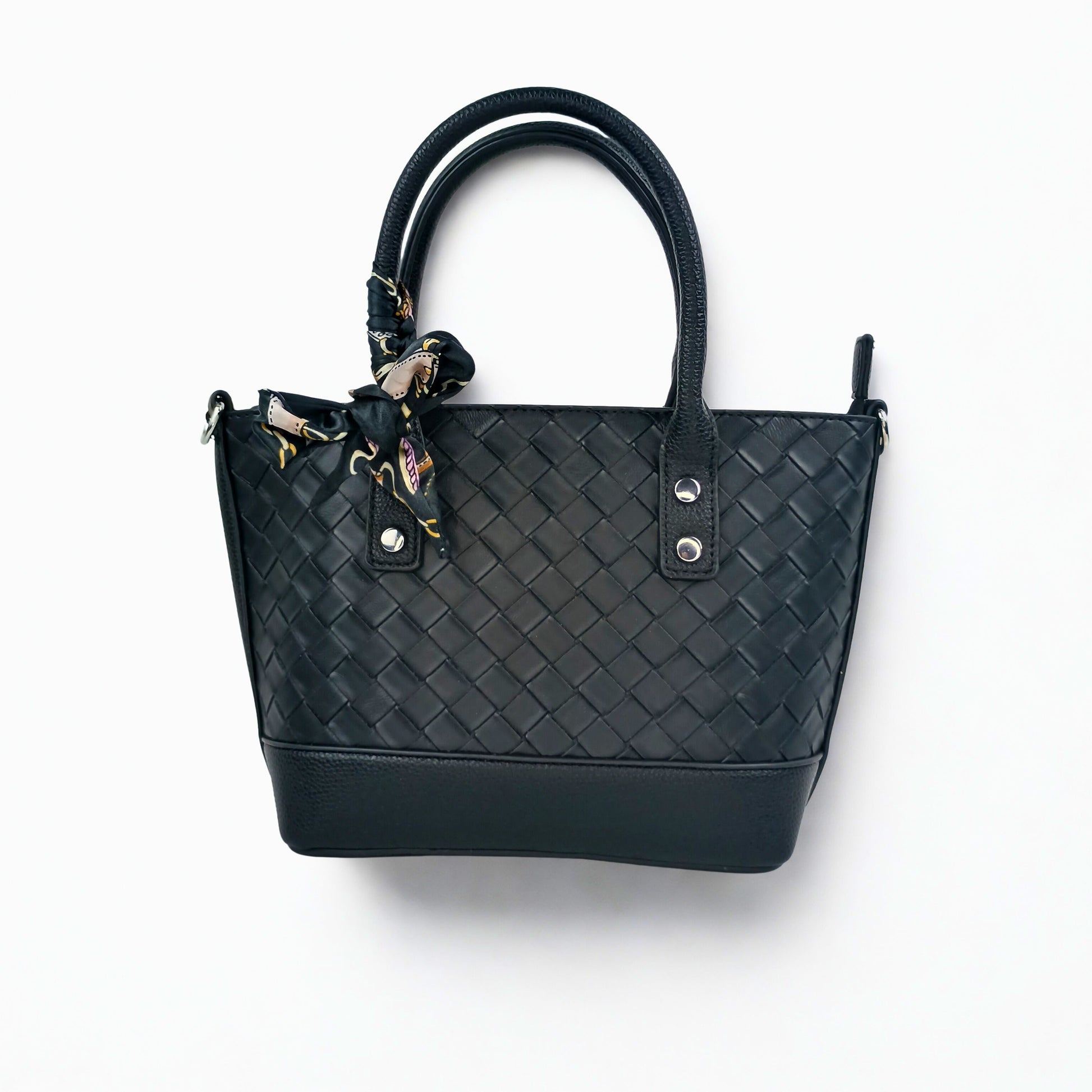 Black Leather Shopper Bag with Woven Texture and Scarf Accent - Stile Donna Bags