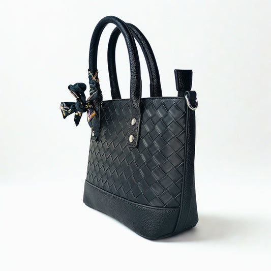 Black Leather Shopper Bag with Woven Texture and Scarf Accent - Stile Donna Bags