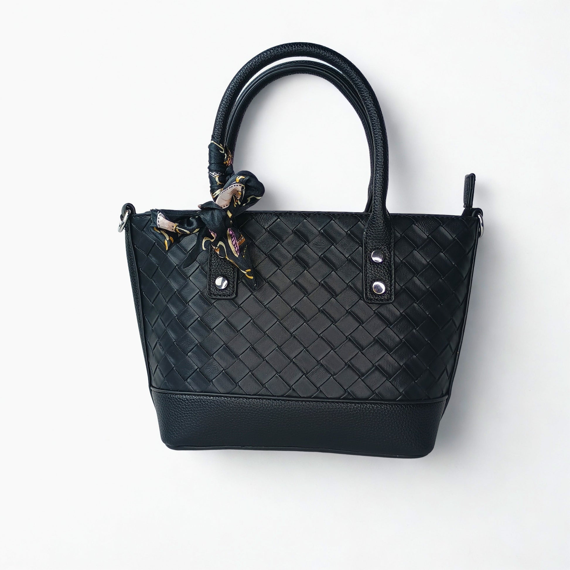 Black Leather Shopper Bag with Woven Texture and Scarf Accent - Stile Donna Bags