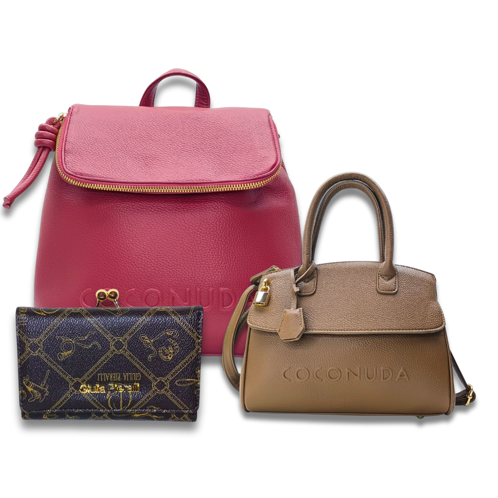 Pink backpack, brown handbag, and blue wallet with Coconuda branding on a white background
