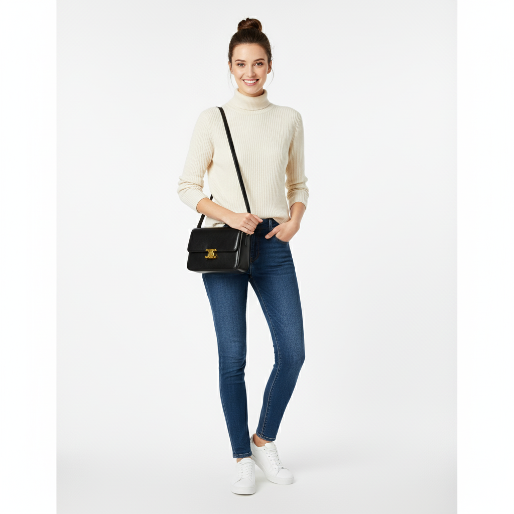 Woman wearing a cream sweater, blue jeans, and white sneakers holding a black handbag on a white background
