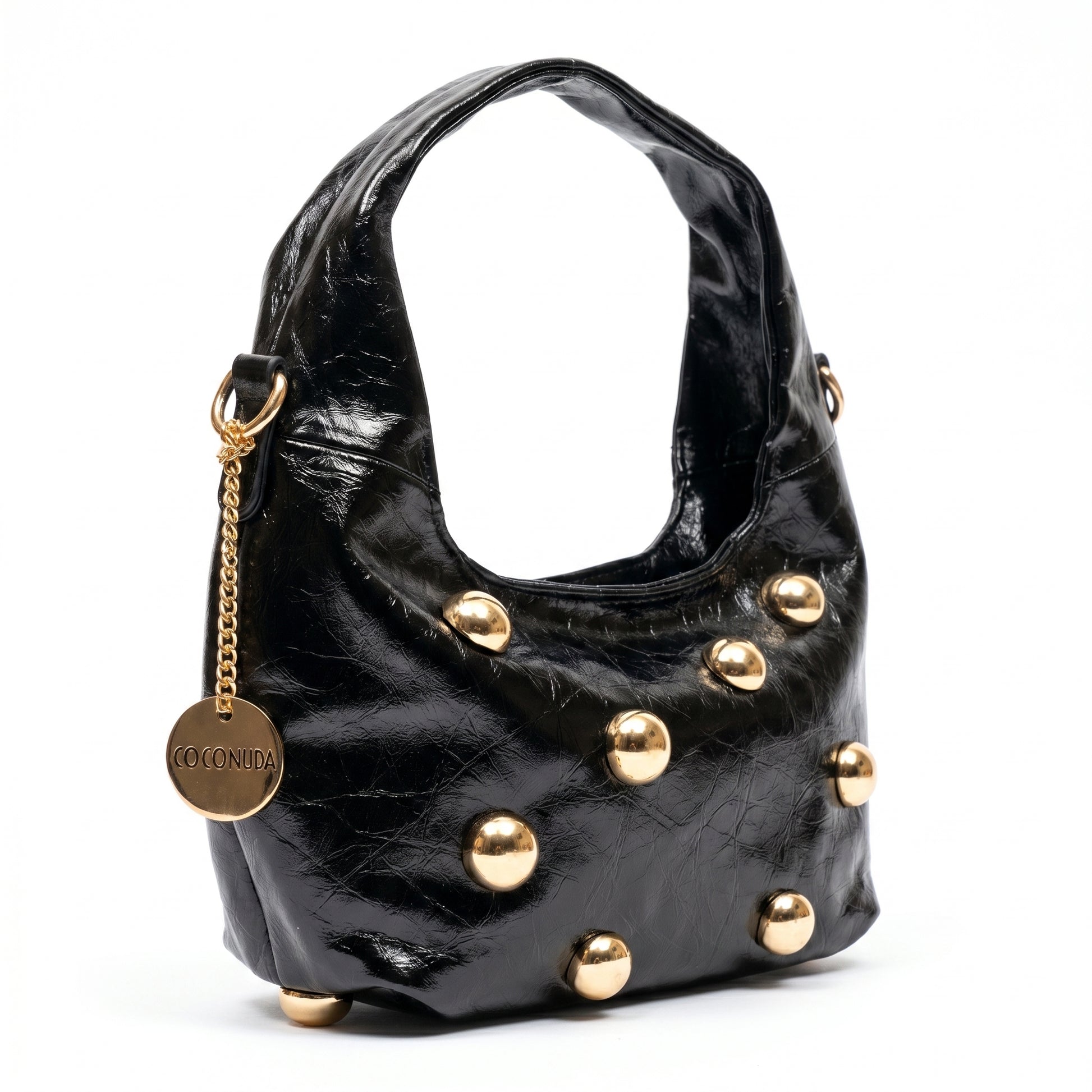 Borsa hobo Coconuda nera borchie oro con tracolla regolabile inclusa - vista frontale