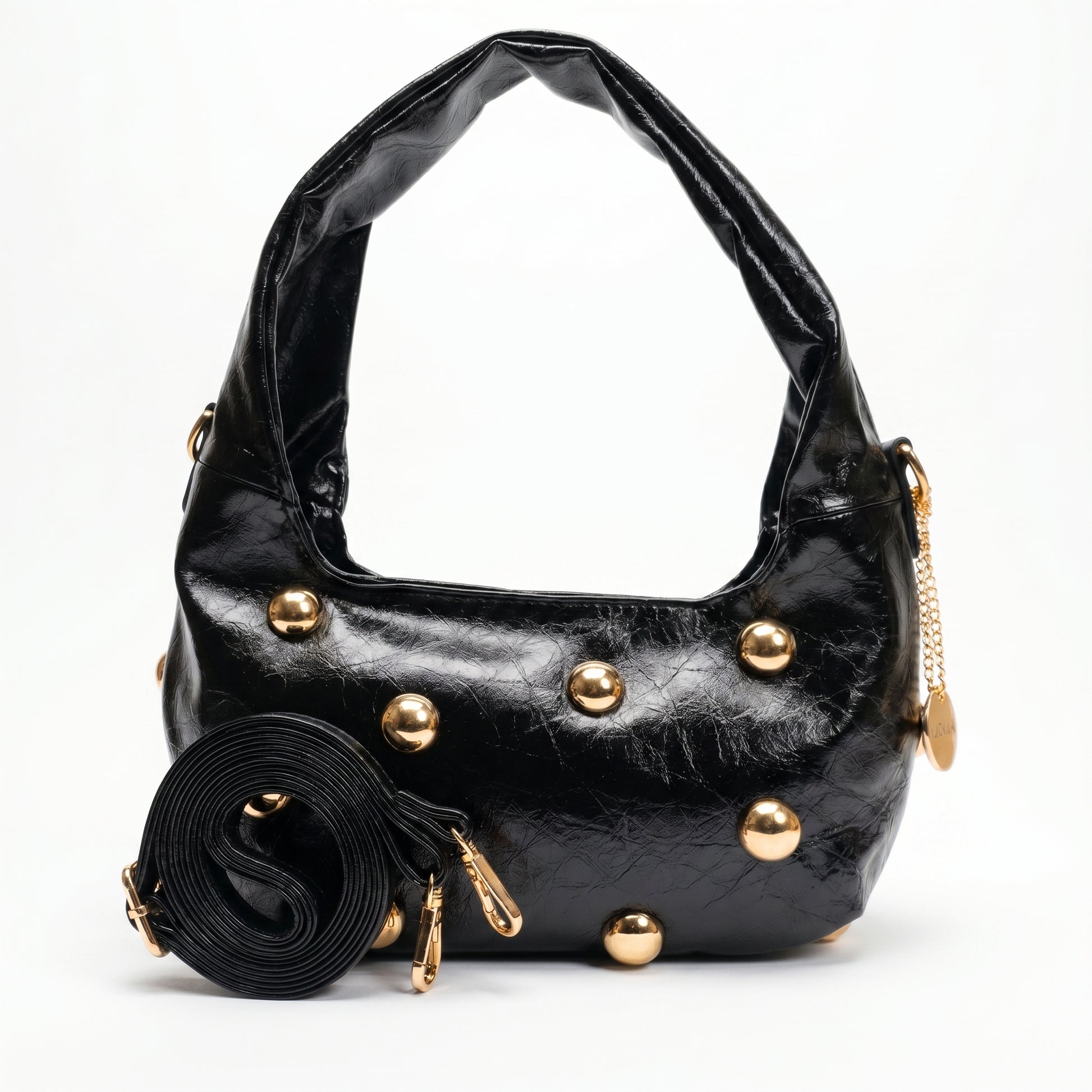Borsa hobo Coconuda nera ecopelle verniciata borchie dorate - vista posteriore