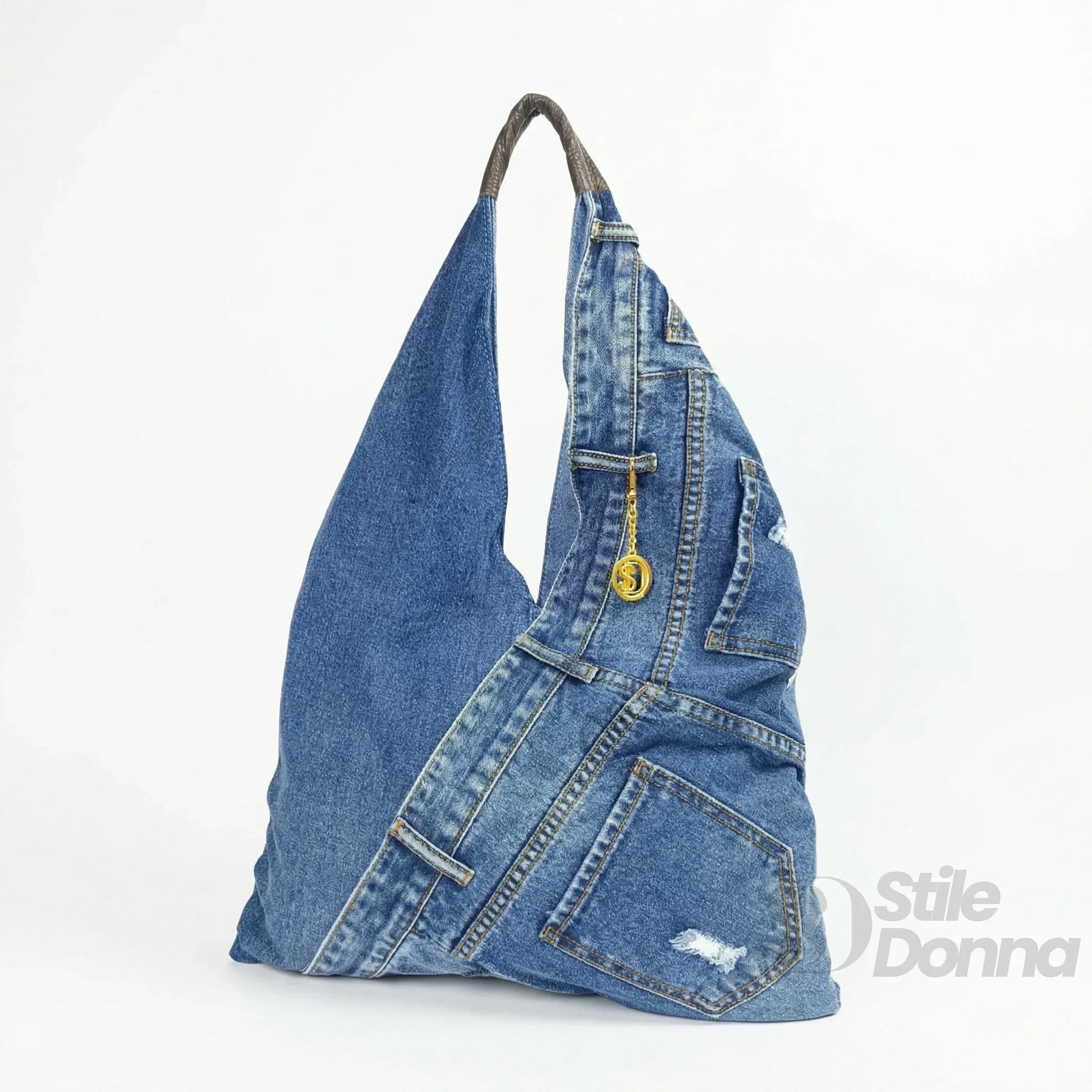 Stile Donna borsa hobo tote denim con stampa grafica dettagli dorati – vista laterale