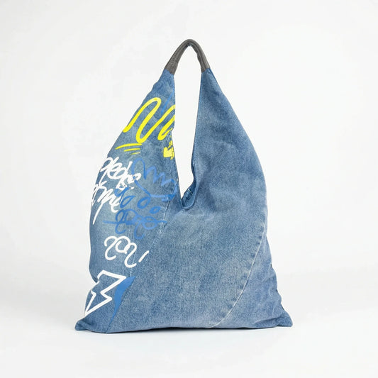 Stile Donna borsa hobo tote denim con stampa grafica e dettagli dorati donna – vista frontale