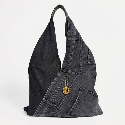 Borsa Hobo Tote in Denim con Stampa Grafica e Dettagli Dorati - Stile Donna Bags