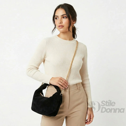 Stile Donna borsa hobo ecopelle scamosciata dettagli dorati – dettaglio esterno
