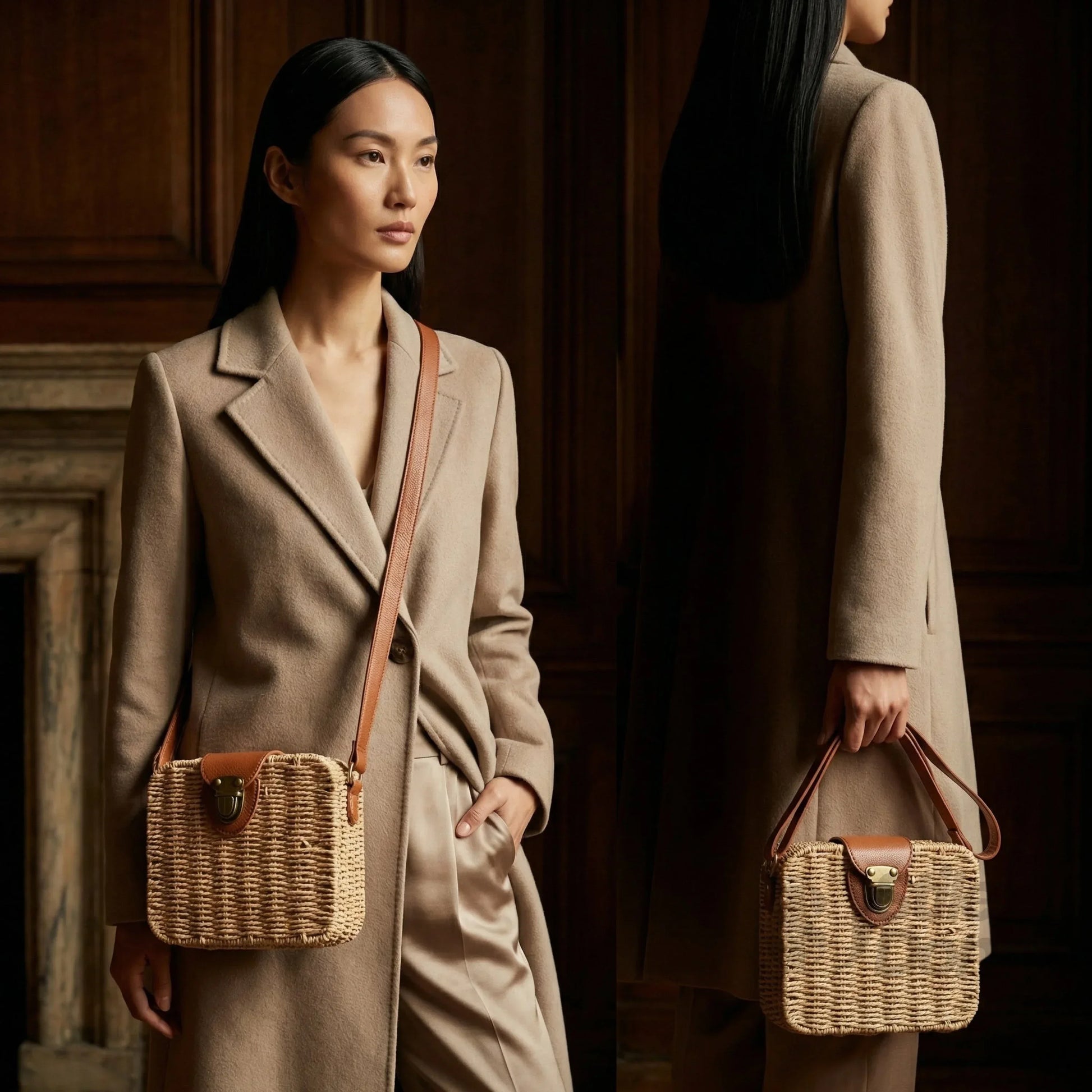 Stile Donna borsa intrecciata a scatola paglia ecopelle beige – dettaglio esterno
