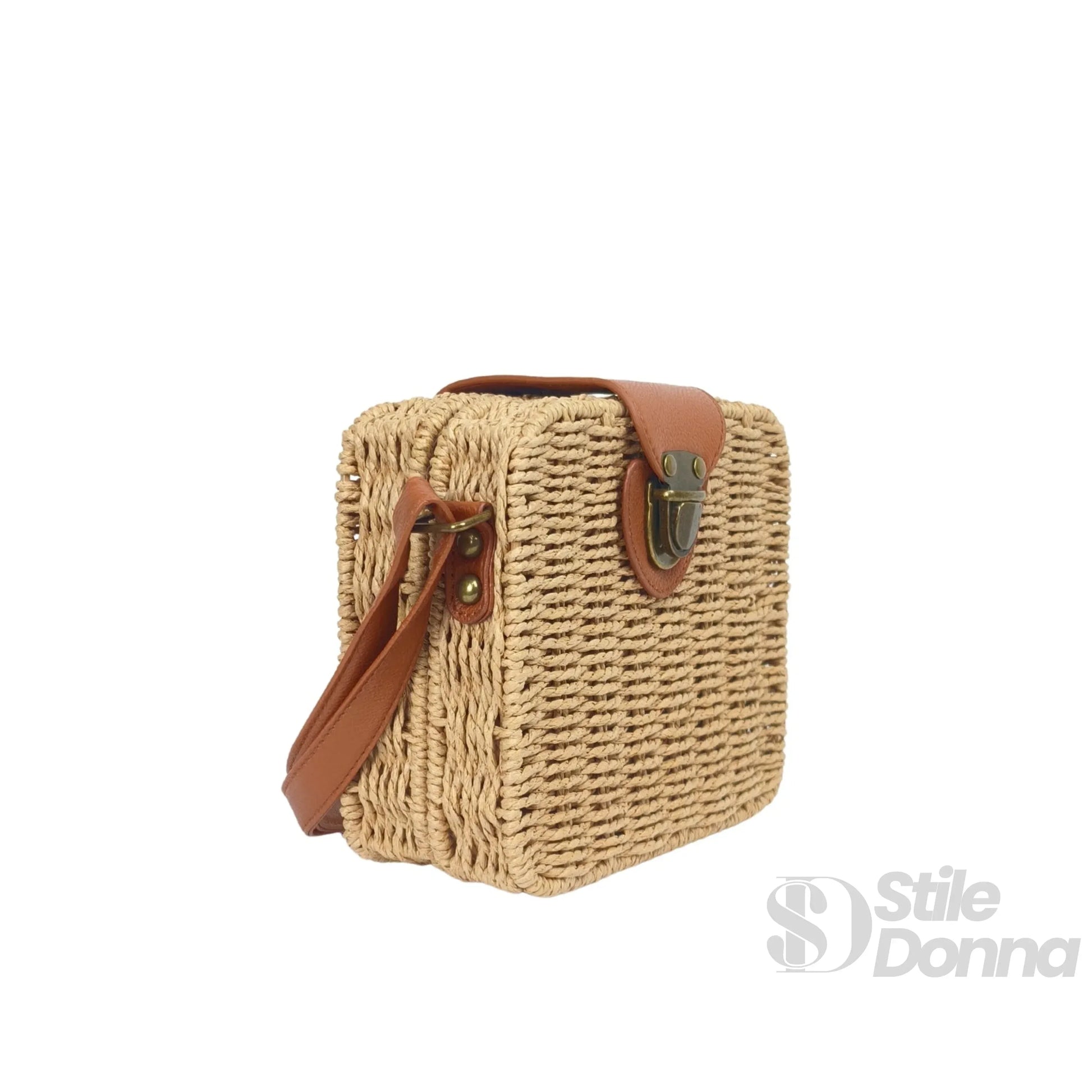 Stile Donna borsa intrecciata a scatola paglia ecopelle beige donna – borsa indossata