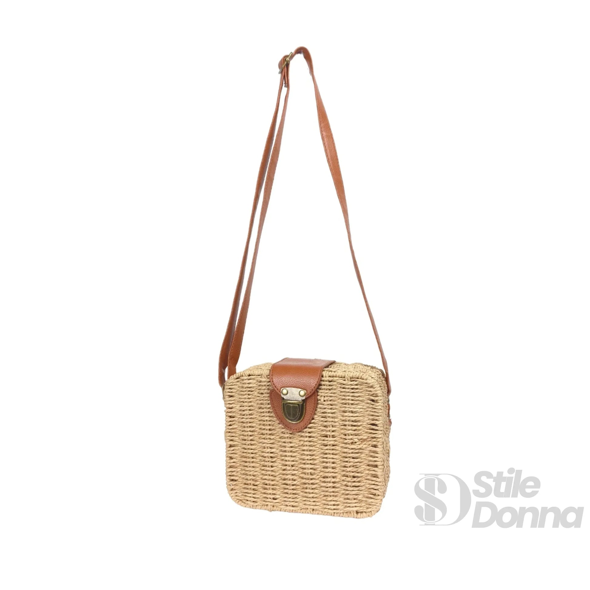 Stile Donna borsa intrecciata a scatola paglia ecopelle beige – vista dall'alto