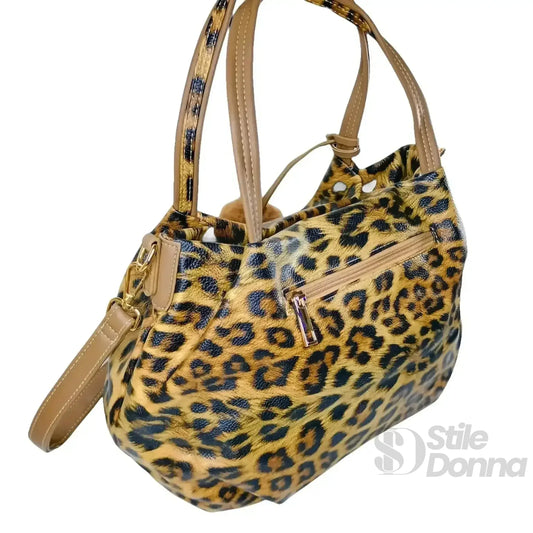 Stile Donna borsa ecopelle leopardata dettagli dorati – dettaglio esterno