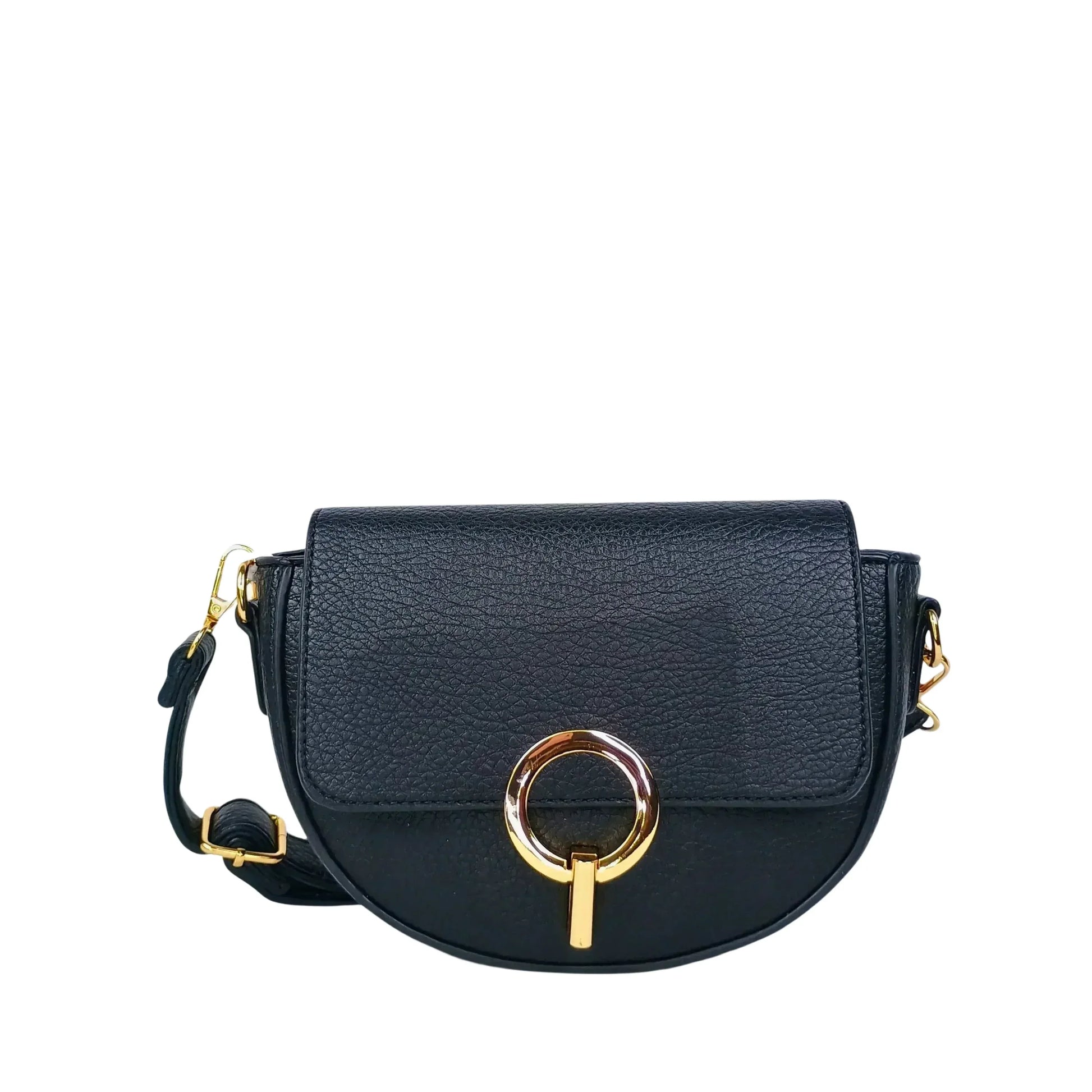 Stile Donna borsa mezzaluna ecopelle nera con dettagli dorati donna – vista frontale