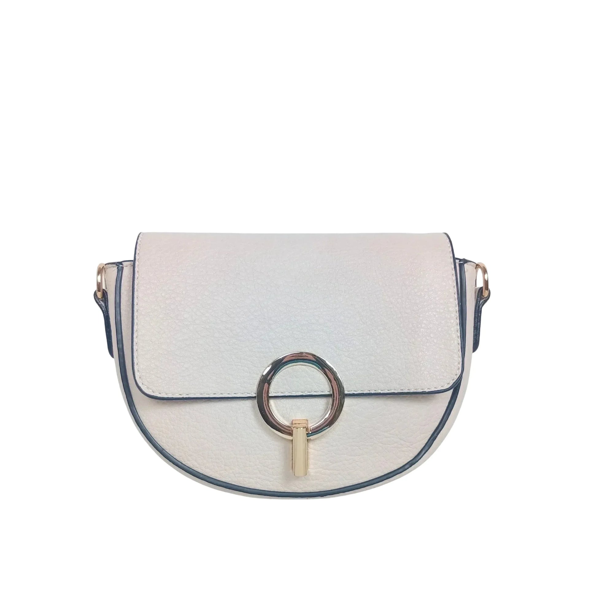 Stile Donna borsa mezzaluna ecopelle beige con dettagli dorati – vista laterale