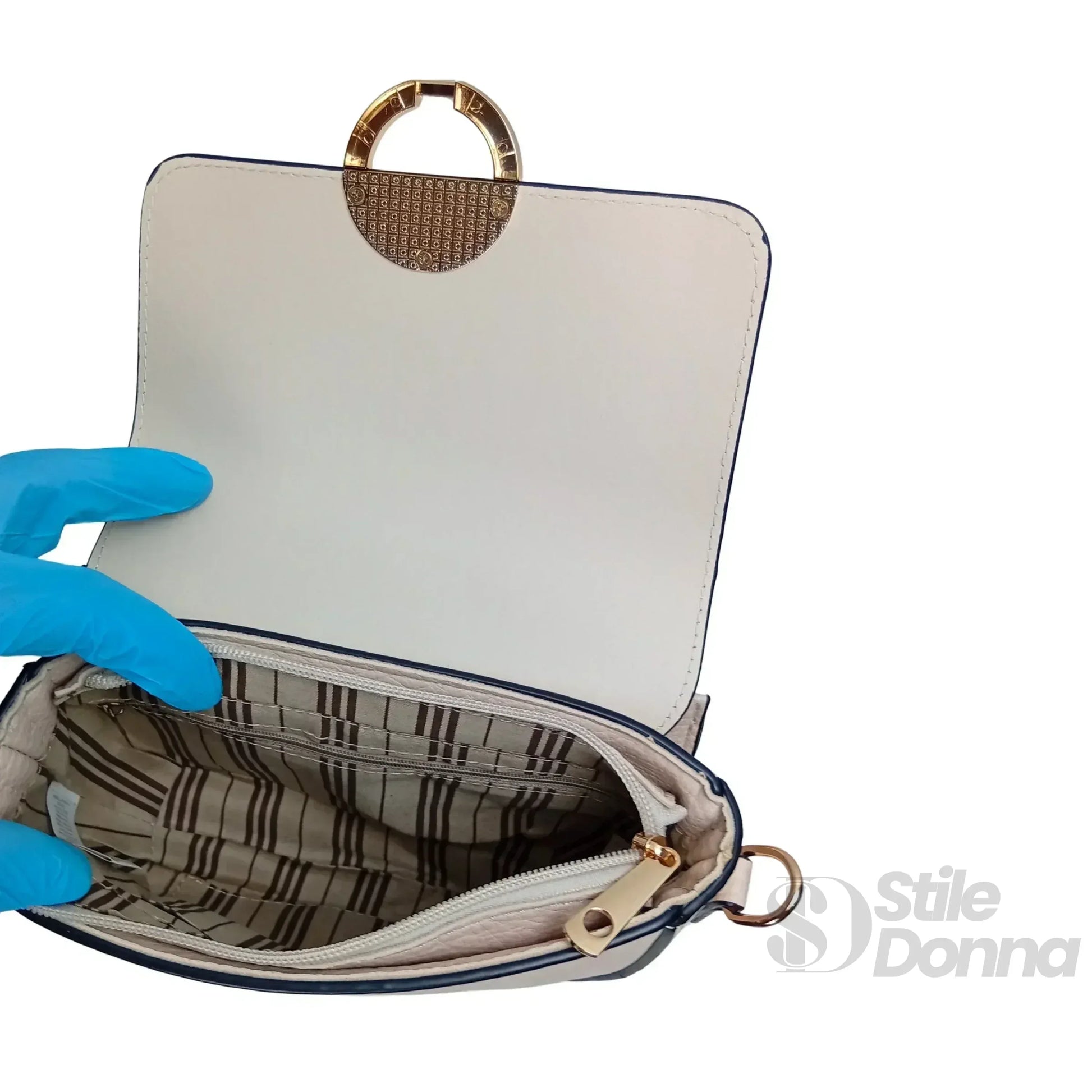 Stile Donna borsa mezzaluna ecopelle beige color crema – con accessori abbinati