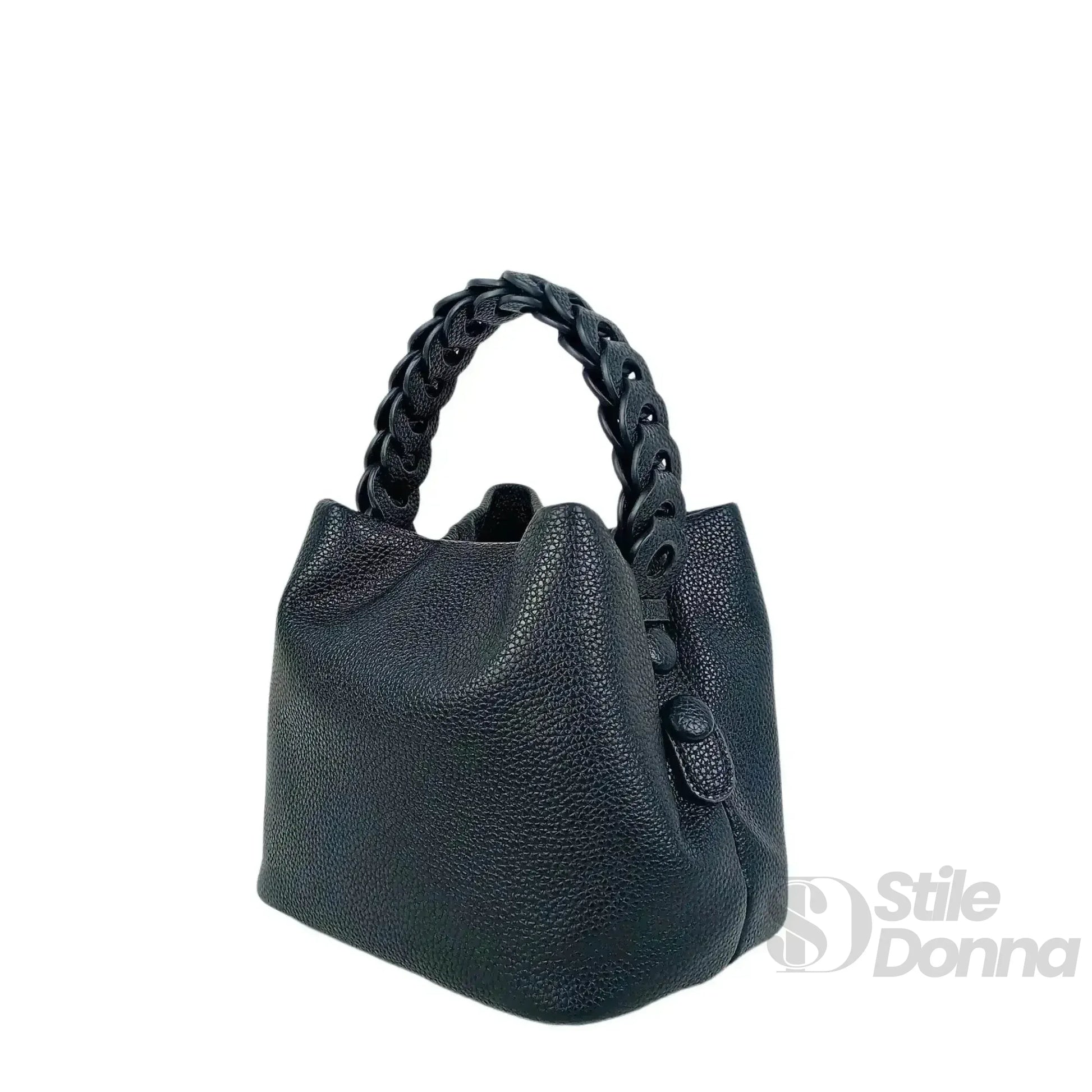 Stile Donna borsa secchiello ecopelle nera manico intrecciato – interno e tasche