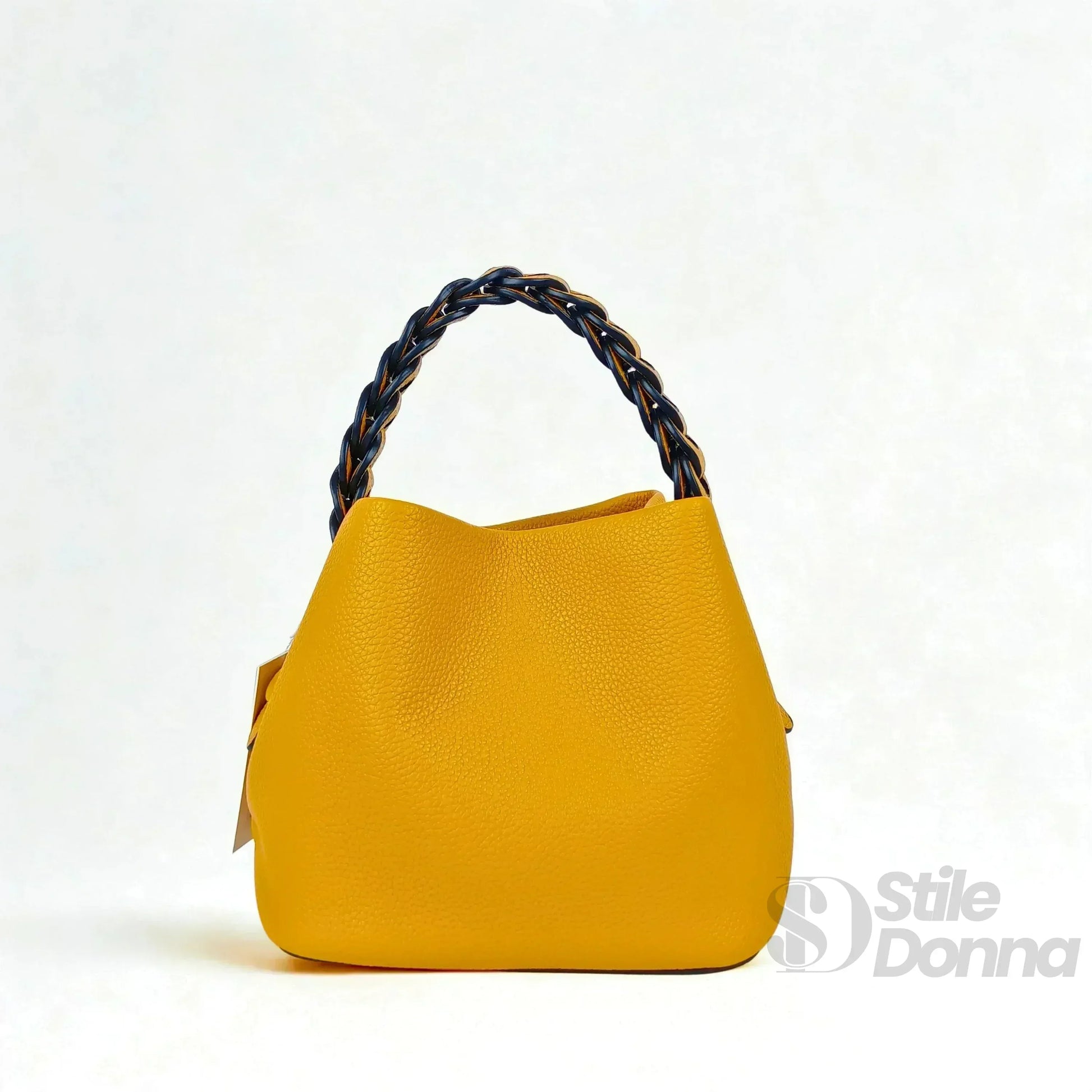 Stile Donna borsa secchiello ecopelle giallo senape manico intrecciato – con accessori abbinati